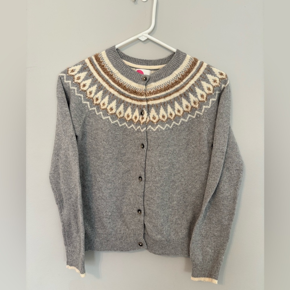 Mini Boden Girl’s Fair Isle Gray, Silver and Gild Metallic Sweater, Size 11-12